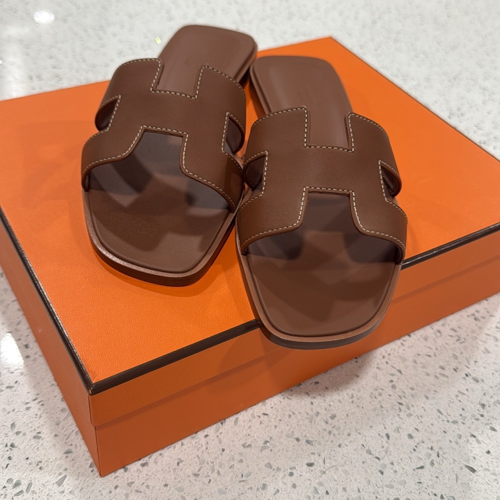 Hermes Brown Leather Oran Slide Sandals